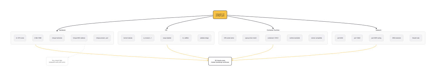 kubeadm preflight check categories: hardware, OS, container runtime, and network